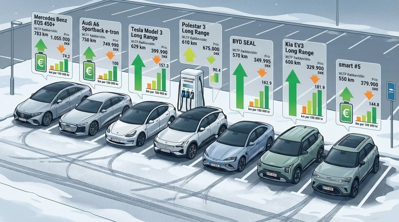 Elbiler med længst rækkevidde: Kilometer for pengene i Danmark